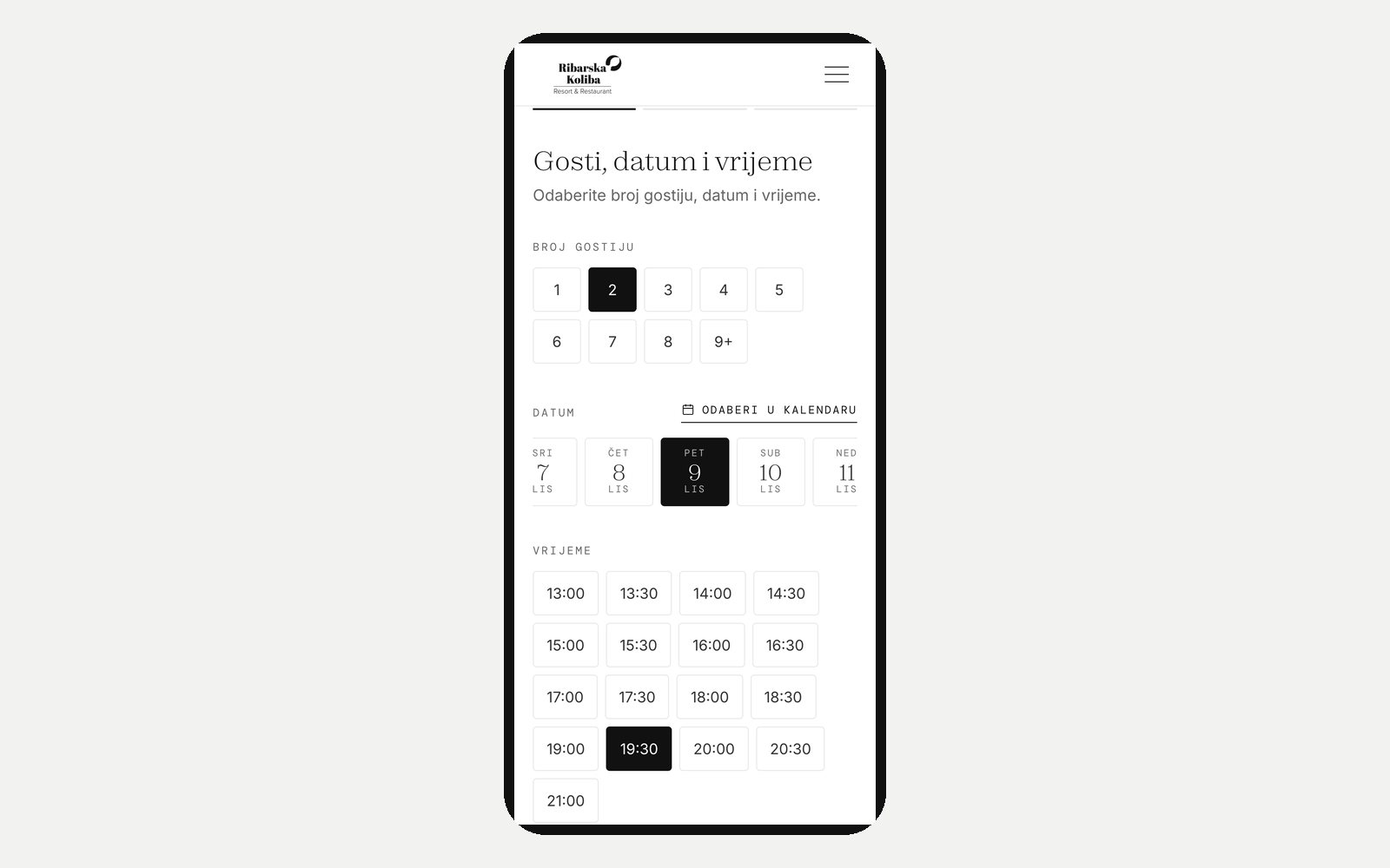 Prenotazione del tavolo da smartphone: scelta del numero di ospiti, della data e dell’orario sul sito di Ribarska Koliba